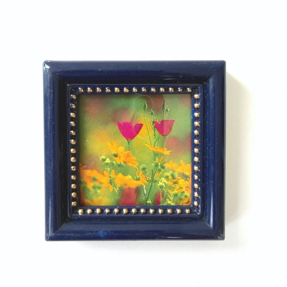 Miniature Square Navy Blue Picture Frame Gold Beaded Trim Floral Art 2.75in